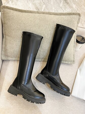 女士时尚纯色及膝高筒靴，厚底，圆头，软底，舒适中筒长度，带扣，适合秋冬季，搭配毛衣，黑色靴子