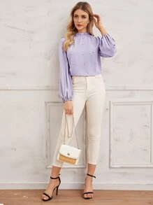 SHEIN Clasi 珍珠串珠木耳邊領口燈籠袖上衣 - 紫丁香色 - 查看 4