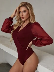 SHEIN Unity Contrast Mesh Puff Sleeve Bodysuit - Burgundy - View 1