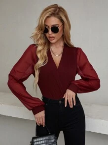 SHEIN Unity Contrast Mesh Puff Sleeve Bodysuit - Burgundy - View 4