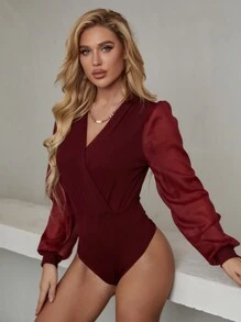 SHEIN Unity Contrast Mesh Puff Sleeve Bodysuit - Burgundy - View 5