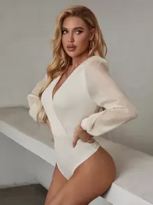 SHEIN Unity Contrast Mesh Puff Sleeve Bodysuit