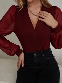 SHEIN Unity Contrast Mesh Puff Sleeve Bodysuit - Burgundy - View 6