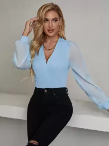 SHEIN Unity Contrast Mesh Puff Sleeve Bodysuit - Baby Blue - View 3