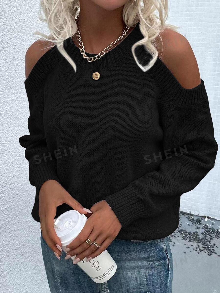 SHEIN LUNE Jersey de hombro descubierto sólido, jersey de manga larga regular de corte casual con abertura en la Top para mujer, apto para primavera/otoño, color negro