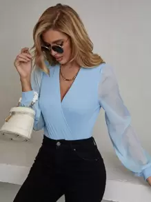 SHEIN Unity Contrast Mesh Puff Sleeve Bodysuit - Baby Blue - View 5