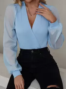 SHEIN Unity Contrast Mesh Puff Sleeve Bodysuit - Baby Blue - View 6