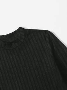 SHEIN Girls Stand Neck Marled Knit Tee - Black - View 4