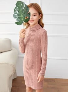 SHEIN Niñas Vestido cuello alto tejido de canalé - Rosa vieja - Ver 1