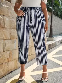 SHEIN LUNE Pantalones con estampado de rayas con cordón de cintura con volante - Azul y blanco - Ver 1