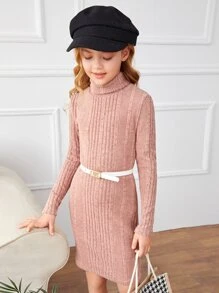SHEIN Niñas Vestido cuello alto tejido de canalé - Rosa vieja - Ver 5