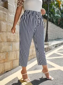 SHEIN LUNE Pantalones con estampado de rayas con cordón de cintura con volante - Azul y blanco - Ver 3