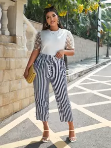 SHEIN LUNE Pantalones con estampado de rayas con cordón de cintura con volante - Azul y blanco - Ver 5