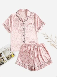 Plus Leopard Jacquard Contrast Piping Patched Pocket Satin PJ Set - Baby Pink - View 1