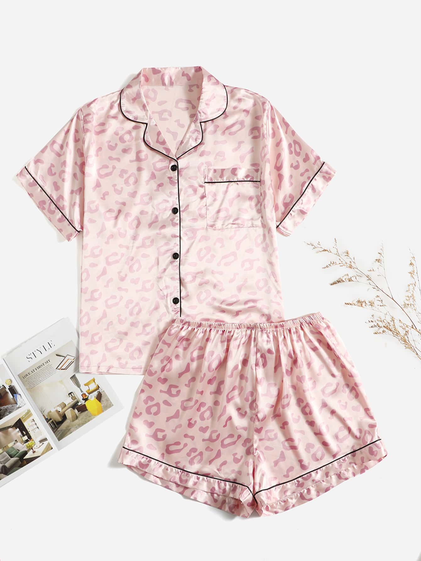 Plus Leopard Jacquard Contrast Piping Patched Pocket Satin PJ Set - Baby Pink - View 1