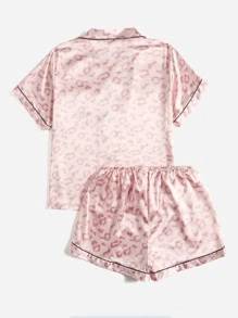 Plus Leopard Jacquard Contrast Piping Patched Pocket Satin PJ Set - Baby Pink - View 2