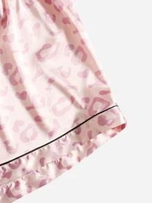 Plus Leopard Jacquard Contrast Piping Patched Pocket Satin PJ Set - Baby Pink - View 3