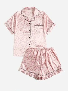 Plus Leopard Jacquard Contrast Piping Patched Pocket Satin PJ Set - Baby Pink - View 4