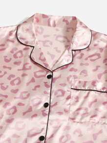Plus Leopard Jacquard Contrast Piping Patched Pocket Satin PJ Set - Baby Pink - View 5