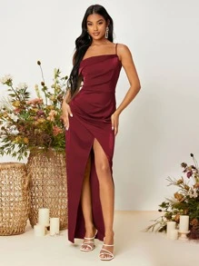 SHEIN Asymmetrical Neck Ruched Split Thigh Satin Dress - Burgundy - View 3