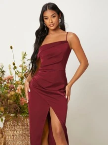 SHEIN Asymmetrical Neck Ruched Split Thigh Satin Dress - Burgundy - View 4