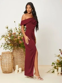 SHEIN Asymmetrical Neck Ruched Split Thigh Satin Dress - Burgundy - View 5