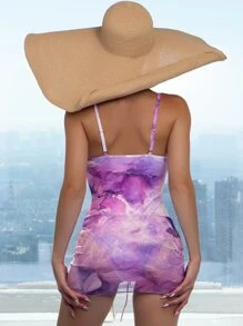 Marble Print Cut-out Tie Front One Piece Swimsuit - Multicolor - View 2