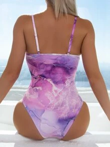 Marble Print Cut-out Tie Front One Piece Swimsuit - Multicolor - View 3