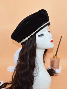 Faux Pearl Decor Beret - Black - View 1