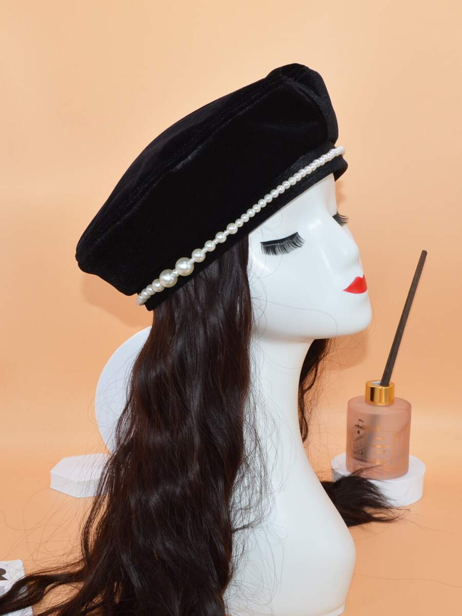 Faux Pearl Decor Beret - Black - View 1