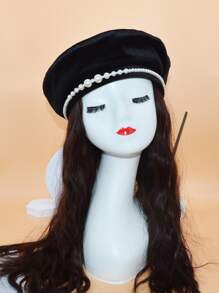 Faux Pearl Decor Beret - Black - View 2