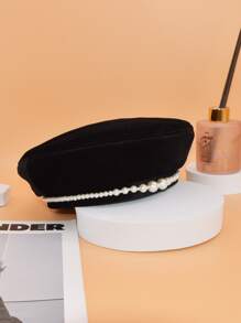 Faux Pearl Decor Beret - Black - View 4