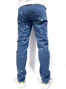 ROMWE MEN Hombres Jeans rotos con bordado floral - Azul lavado medio - Ver 2