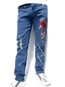 ROMWE MEN Hombres Jeans rotos con bordado floral - Azul lavado medio - Ver 3