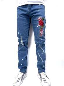 ROMWE MEN Hombres Jeans rotos con bordado floral - Azul lavado medio - Ver 5