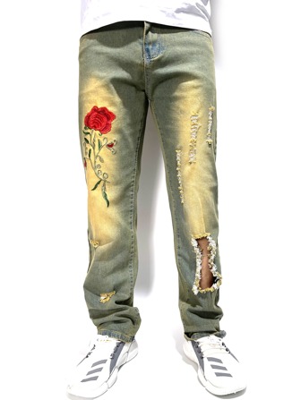 Männer Jeans mit Riss, Blume Stickerei