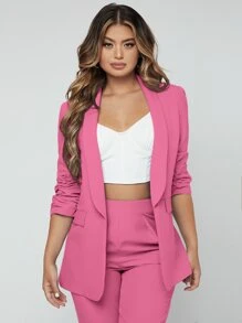 SHEIN SXY 秋冬披肩领前开襟西装外套和裤子套装 - 玫紅色 - 查看 6