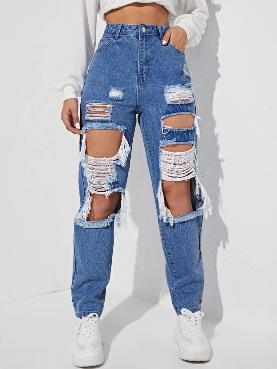 SHEIN EZwear Quần legging thẳng Cắt ra Rách Frayed - Rửa trung bình - Xem 1