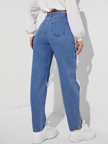 SHEIN EZwear Quần legging thẳng Cắt ra Rách Frayed - Rửa trung bình - Xem 2