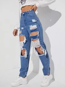 SHEIN EZwear Quần legging thẳng Cắt ra Rách Frayed - Rửa trung bình - Xem 5