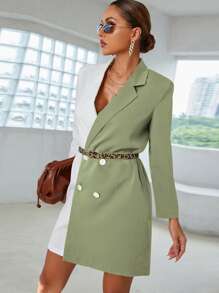 Vestido blazer de color combinado con botones con cinturón - Multicolor - Ver 1