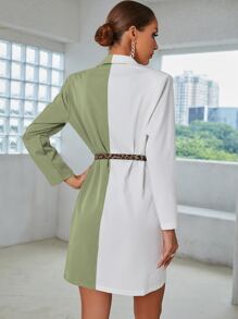 Vestido blazer de color combinado con botones con cinturón - Multicolor - Ver 2