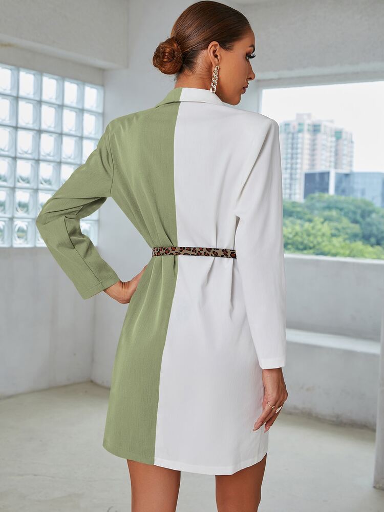Vestido blazer de color combinado con botones con cinturón - Multicolor - Añade 2