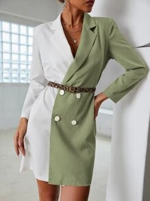 Vestido blazer de color combinado con botones con cinturón - Multicolor - Ver 6