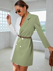 Vestido blazer de color combinado con botones con cinturón - Multicolor - Ver 8