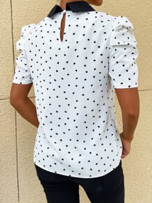 Seusyu Confetti Heart Print Puff Sleeve Blouse - White - View 2