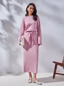 SHEIN 素色套頭毛衣和前繫帶針織短裙 - 淺粉色 - 查看 1