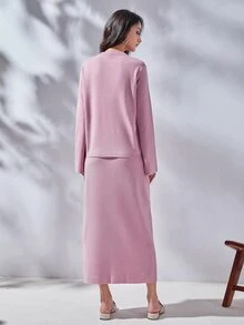 SHEIN 素色套頭毛衣和前繫帶針織短裙 - 淺粉色 - 查看 2