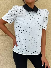 Seusyu Confetti Heart Print Puff Sleeve Blouse - White - View 5