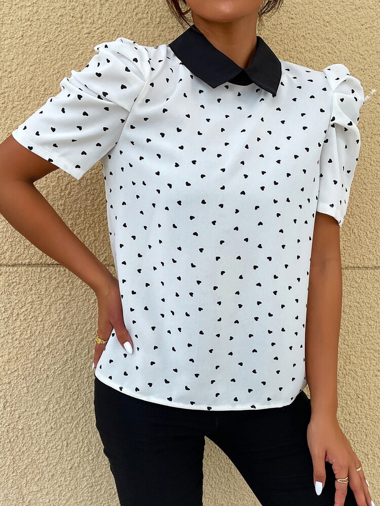 Seusyu Confetti Heart Print Puff Sleeve Blouse - White - View 5
